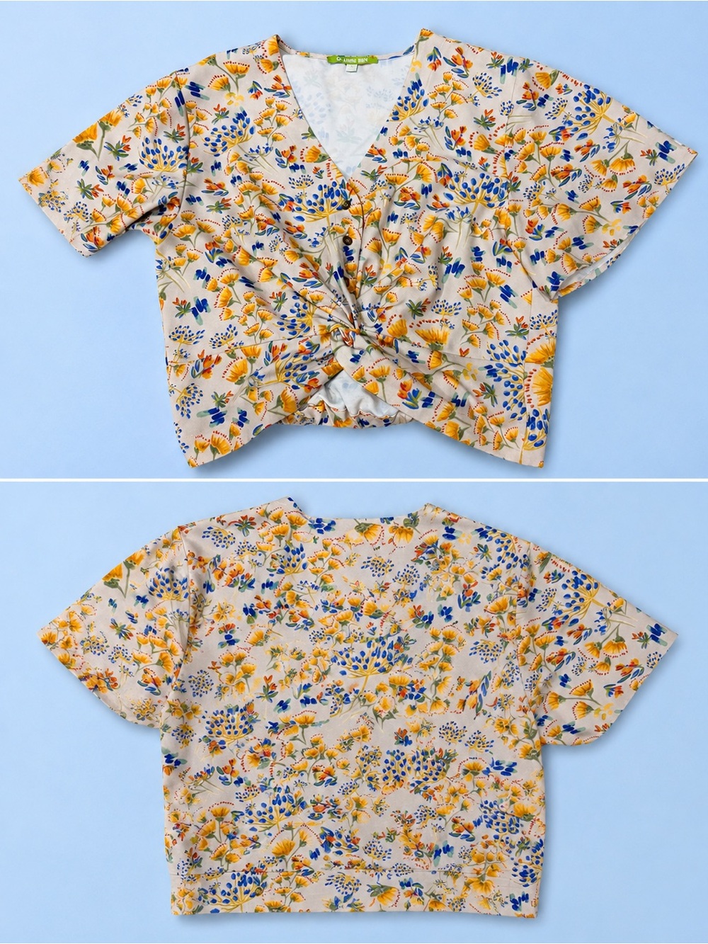 Floral Twist-Front V-Neck Crop Top - Yellow Floral